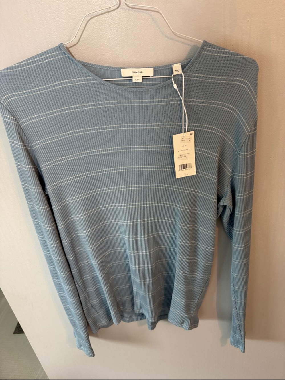 Vince Pale Blue Ribbed Stripe Crewneck Top